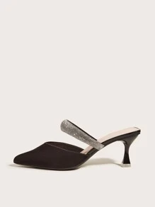 Rhinestone Decor Pyramid Heeled Mules - Black - View 4