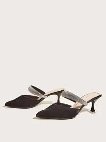 Rhinestone Decor Pyramid Heeled Mules - Black - View 2
