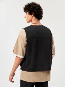 Manfinity VCAY Men Letter Patched Flap Pocket Vest Jacket Plain Hiking Fashion Biker Cargo Vest - Black - View 2