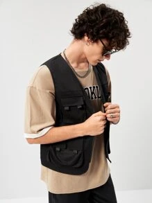 Manfinity VCAY Men Letter Patched Flap Pocket Vest Jacket Plain Hiking Fashion Biker Cargo Vest - Black - View 3