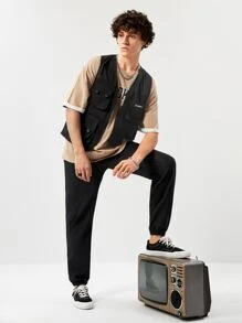 Manfinity VCAY Men Letter Patched Flap Pocket Vest Jacket Plain Hiking Fashion Biker Cargo Vest - Black - View 5