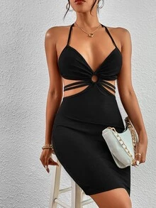 SHEIN Unity Rib-knit Tie Backless Cut Out Halter Bodycon Dress - Black - View 4