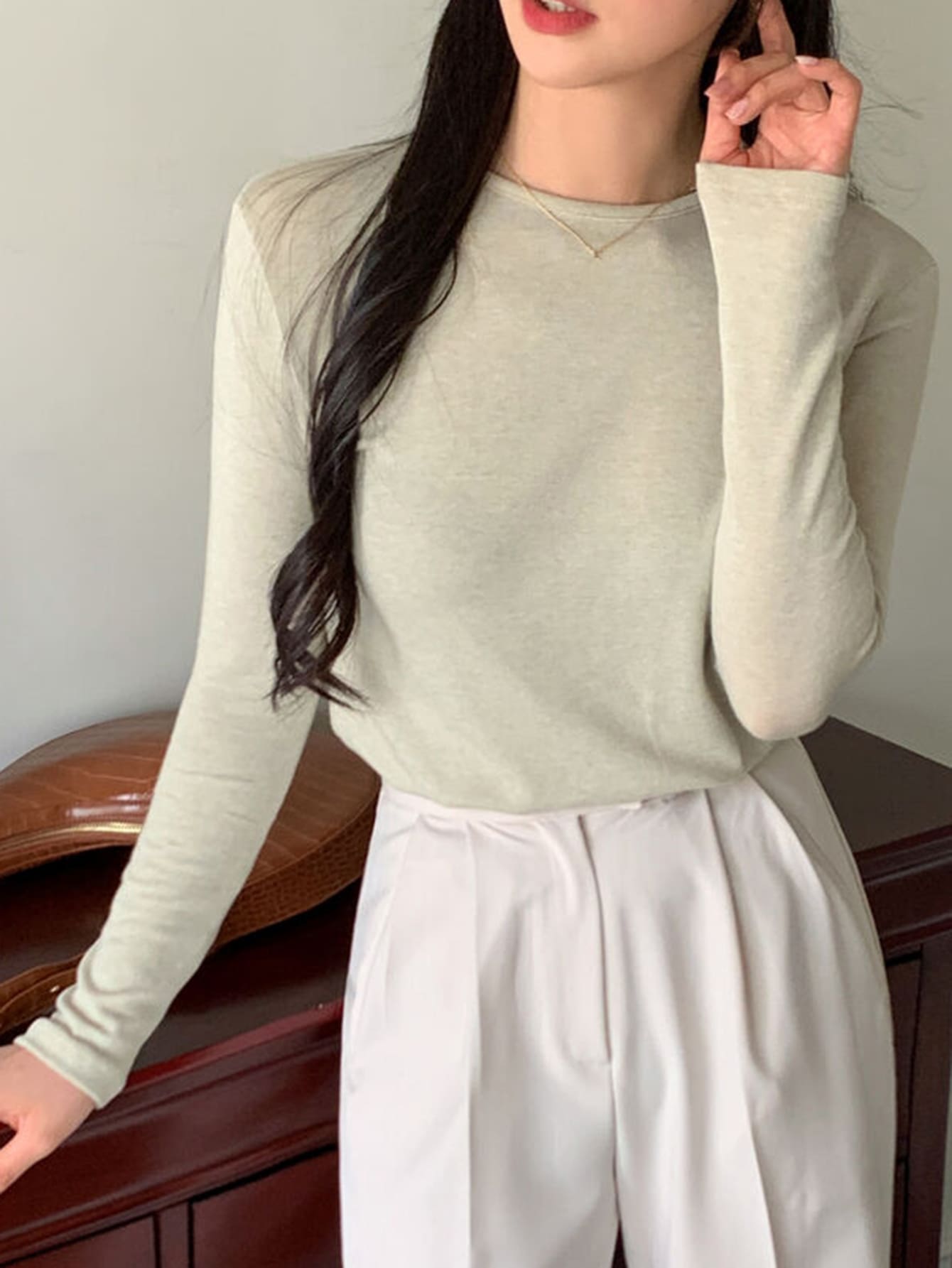 DAZY Chất rắn Tay áo dài Áo thun - Màu xanh Bạc hà - Xem 1