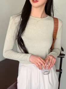 DAZY Chất rắn Tay áo dài Áo thun - Màu xanh Bạc hà - Xem 2