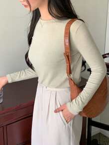 DAZY Chất rắn Tay áo dài Áo thun - Màu xanh Bạc hà - Xem 4