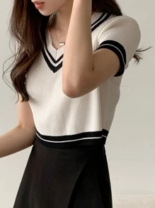 DAZY Contrast Trim Ribbed Knit Top - White - View 7