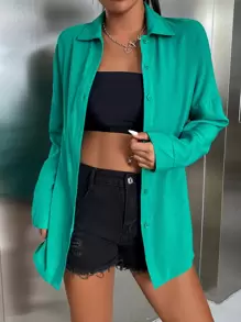 SHEIN VCAY Solid Drop Shoulder Shirt - Green - View 1