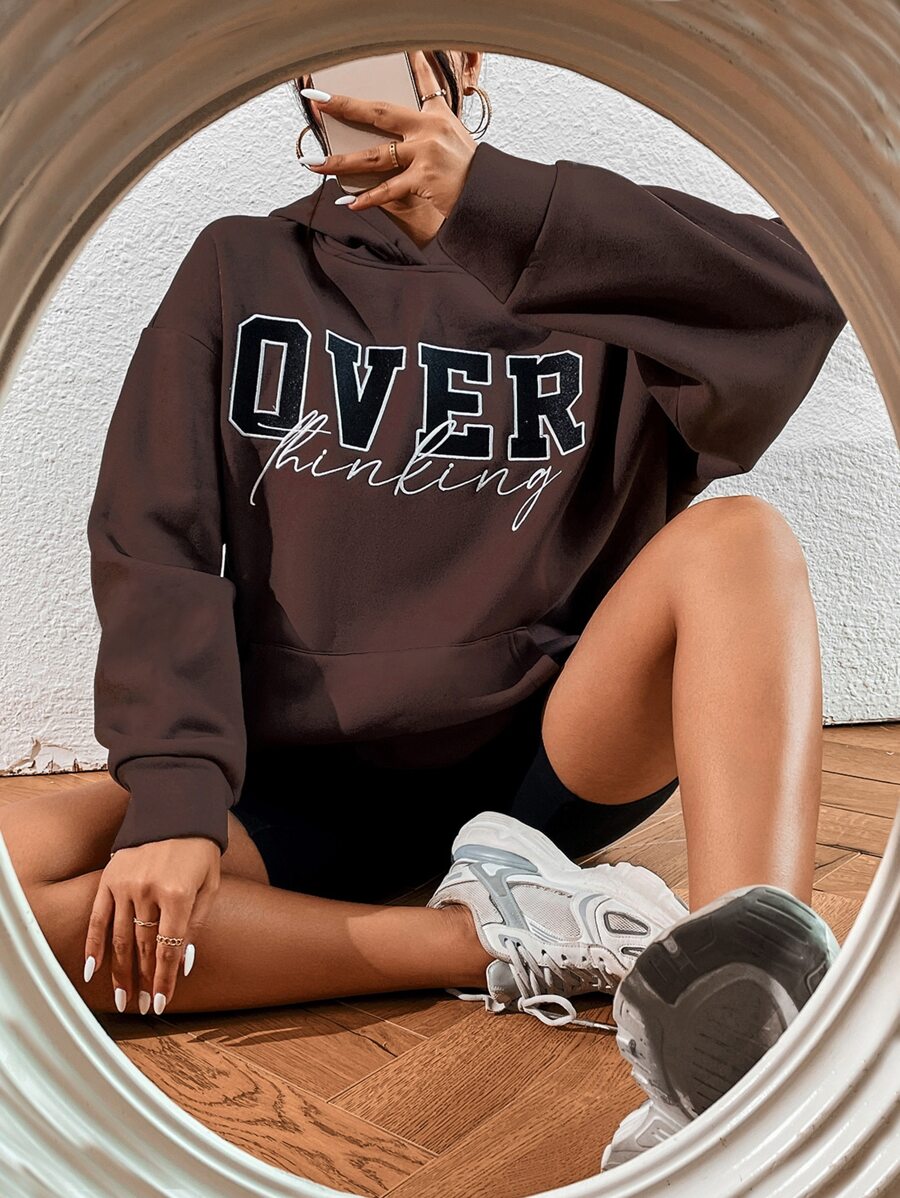 SHEIN Unity 字母圖案落肩袖連帽衫 - 巧克力棕 - 查看 1
