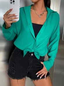 SHEIN VCAY Solid Drop Shoulder Shirt - Green - View 5