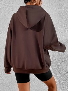 SHEIN Unity 字母圖案落肩袖連帽衫 - 巧克力棕 - 查看 2