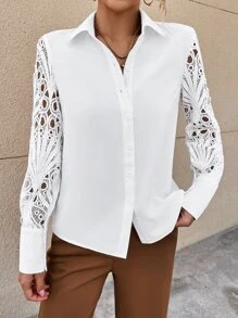 Camisa panel con encaje - Blanco - Ver 3