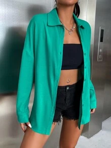 SHEIN VCAY Solid Drop Shoulder Shirt - Green - View 6