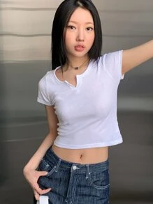 DAZY Đường viền cổ có rãnh Áo phông Crop - trắng - Xem 2