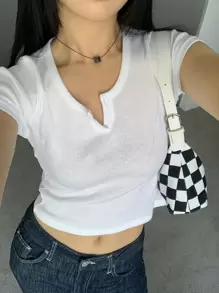 DAZY Đường viền cổ có rãnh Áo phông Crop - trắng - Xem 3