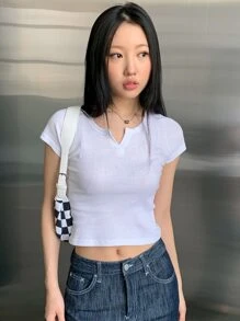 DAZY Đường viền cổ có rãnh Áo phông Crop - trắng - Xem 4