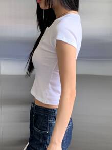 DAZY Đường viền cổ có rãnh Áo phông Crop - trắng - Xem 7