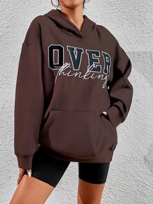 SHEIN Unity 字母圖案落肩袖連帽衫 - 巧克力棕 - 查看 6