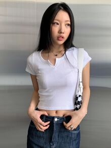 DAZY Đường viền cổ có rãnh Áo phông Crop - trắng - Xem 9