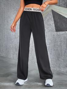 Contrast Letter Tape Straight Leg Trousers - Black - View 1