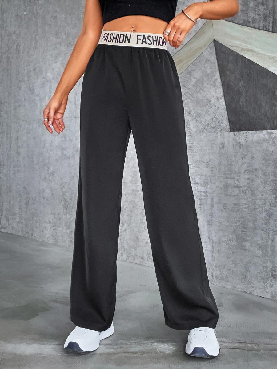 Contrast Letter Tape Straight Leg Trousers - Black - View 1