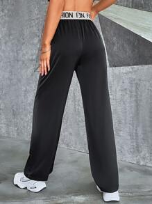 Contrast Letter Tape Straight Leg Trousers - Black - View 2