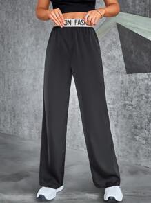 Contrast Letter Tape Straight Leg Trousers - Black - View 3