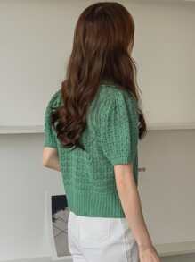 DAZY 泡泡袖纽扣半襟纹理针织上衣，返校服装 - 綠色 - 查看 2