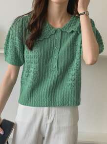 DAZY 泡泡袖纽扣半襟纹理针织上衣，返校服装 - 綠色 - 查看 3