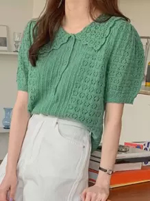 DAZY 泡泡袖纽扣半襟纹理针织上衣，返校服装 - 綠色 - 查看 4