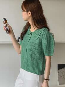 DAZY 泡泡袖纽扣半襟纹理针织上衣，返校服装 - 綠色 - 查看 5