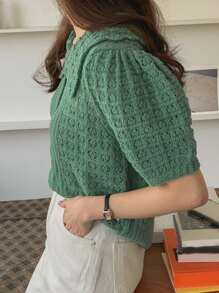 DAZY 泡泡袖纽扣半襟纹理针织上衣，返校服装 - 綠色 - 查看 6