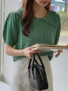 DAZY 泡泡袖纽扣半襟纹理针织上衣，返校服装 - 綠色 - 查看 7