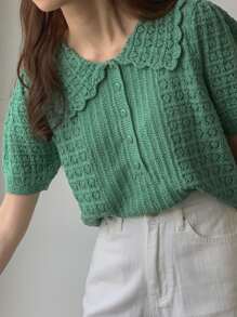 DAZY 泡泡袖纽扣半襟纹理针织上衣，返校服装 - 綠色 - 查看 8