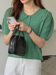 DAZY 泡泡袖纽扣半襟纹理针织上衣，返校服装 - 綠色 - 查看 9