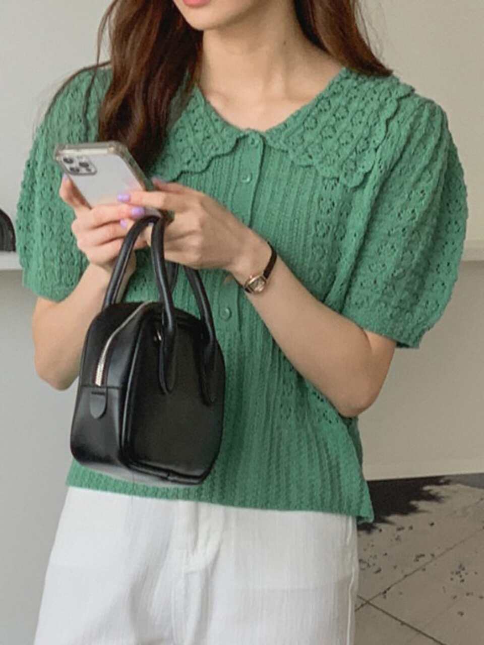 Puff Sleeve Button Half Placket Textured Knit Top,Back To School Clothes Easter