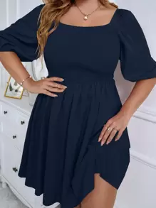 SHEIN Holidaya Dress Ukuran Plus Shirred Plain Casual - Navy Blue - View 1