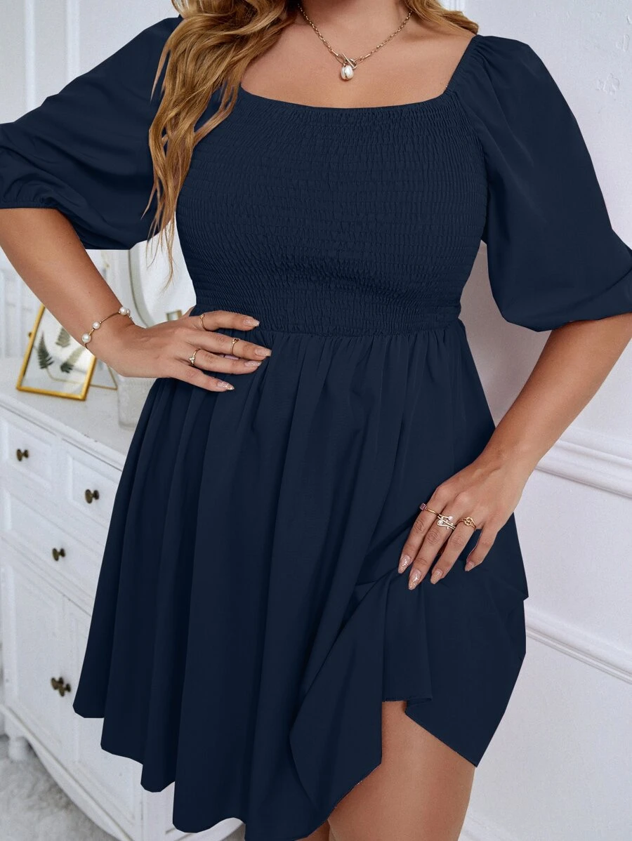 SHEIN Holidaya Dress Ukuran Plus Shirred Plain Casual - Navy Blue - View 1