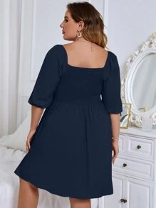 SHEIN Holidaya Dress Ukuran Plus Shirred Plain Casual - Navy Blue - View 2