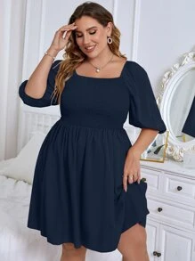 SHEIN Holidaya Dress Ukuran Plus Shirred Plain Casual - Navy Blue - View 3