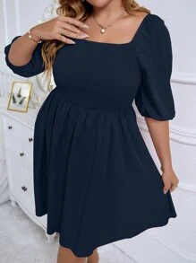 SHEIN Holidaya Dress Ukuran Plus Shirred Plain Casual - Navy Blue - View 4