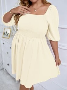 Đầm Plus Size Dải chun màu trơn Giải trí - Màu be - Xem 3