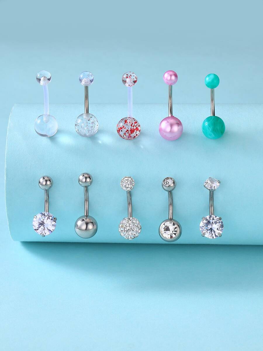 10入組/套方晶鋯石裝飾臍環中性不銹鋼水晶龐克穿孔-A時尚身體鏈禮品適用於任何場合 - 彩色 - 查看 1