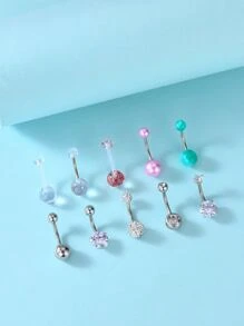 10入組/套方晶鋯石裝飾臍環中性不銹鋼水晶龐克穿孔-A時尚身體鏈禮品適用於任何場合 - 彩色 - 查看 2