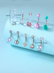 10入組/套方晶鋯石裝飾臍環中性不銹鋼水晶龐克穿孔-A時尚身體鏈禮品適用於任何場合 - 彩色 - 查看 3