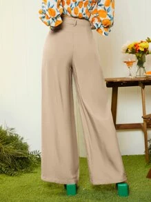 SHEIN Privé High Waist Wide Leg Trousers - Khaki - View 2