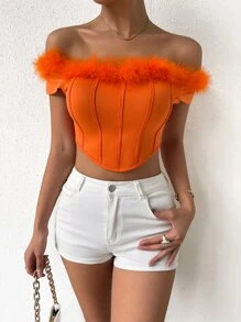 SHEIN Privé Fuzzy Trim Off Shoulder Asymmetrical Hem Crop Tee - Orange - View 4