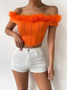SHEIN Privé Fuzzy Trim Off Shoulder Asymmetrical Hem Crop Tee - Orange - View 5