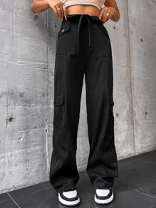 SHEIN Unity Flap Pocket Side Drawstring Waist Cargo Pants - Black - View 1