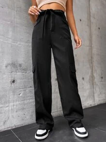SHEIN Unity Flap Pocket Side Drawstring Waist Cargo Pants - Black - View 3