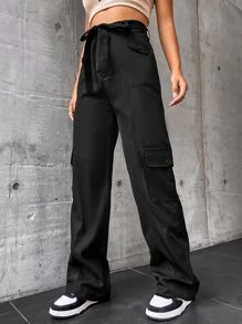 SHEIN Unity Flap Pocket Side Drawstring Waist Cargo Pants - Black - View 4